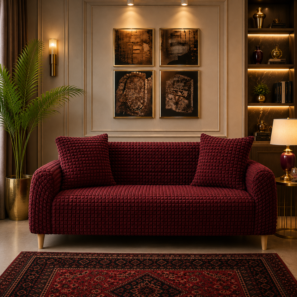 Fitted Style Bubble Stuff Sofa Cover Maroon