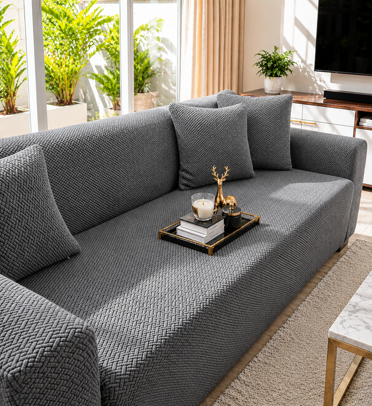 Tile Print Sofa Covers Gray Color
