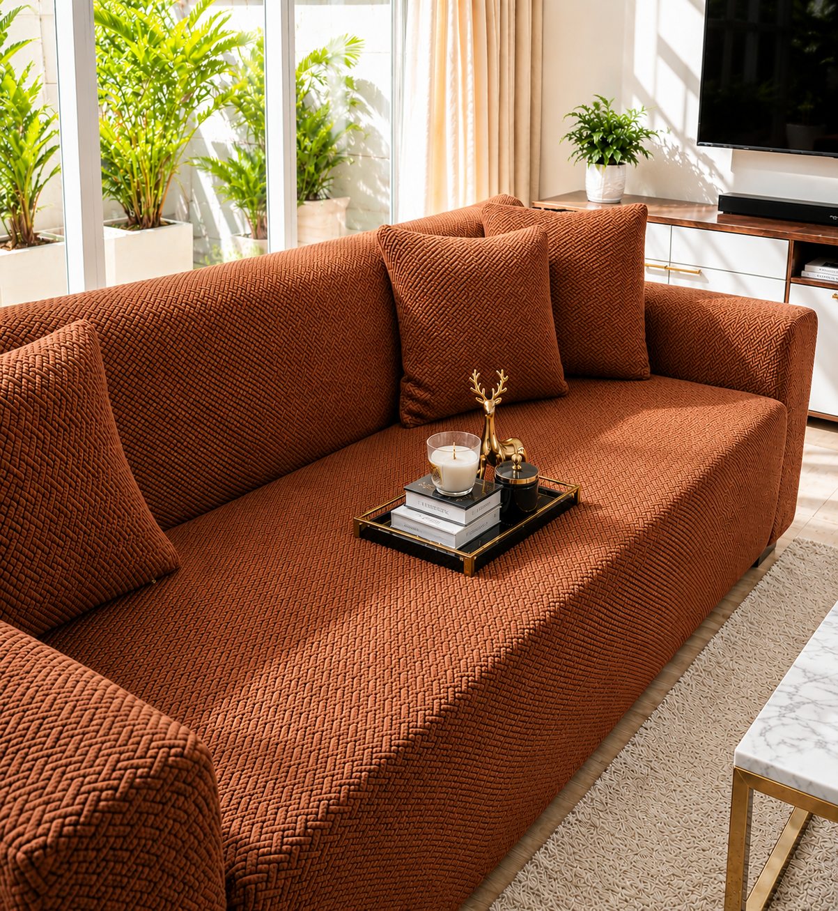 Tile Print Sofa Covers Rust Color