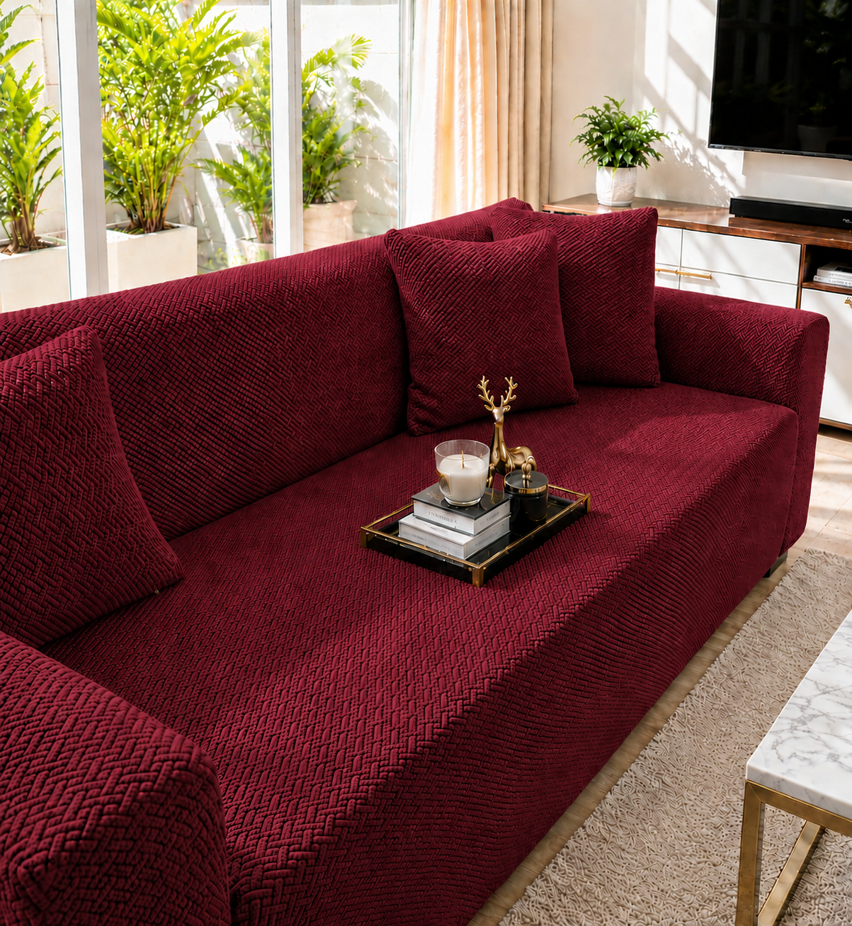 Tile Print Sofa Covers Maroon Color