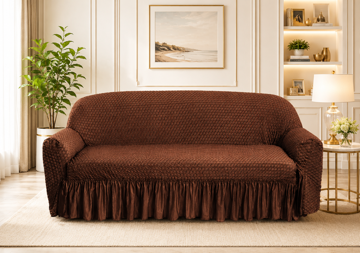 Butterfly White Sofa Covers Dark Brown Color
