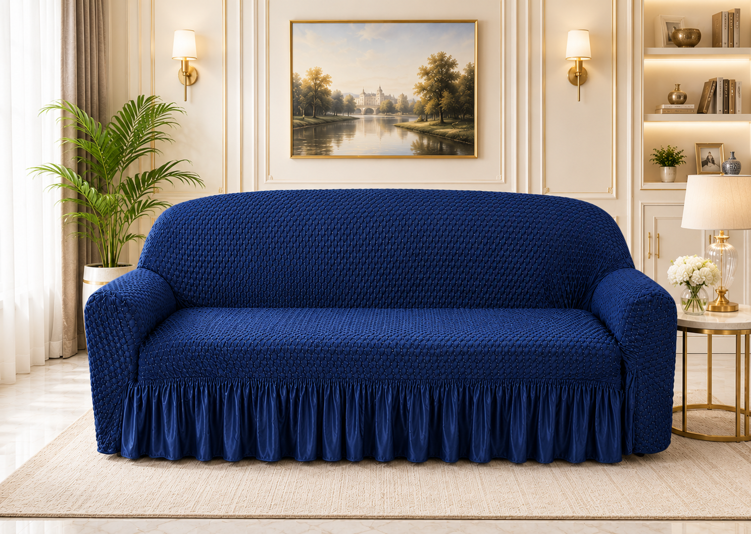 Butterfly White Sofa Covers Navy Blue Color
